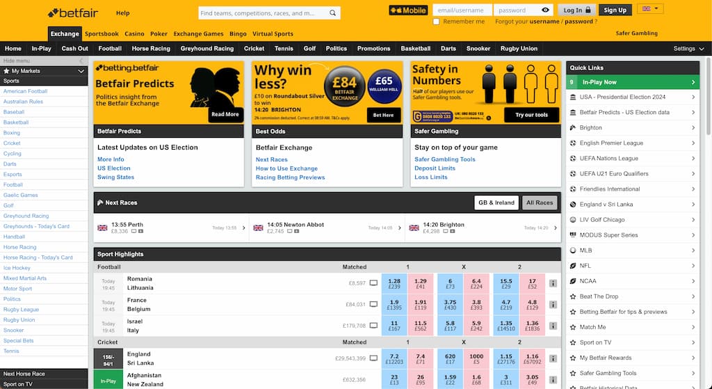 Betfair exchange front page